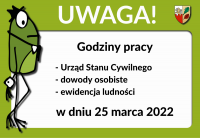 Godziny pracy: USC, dowody osobiste, ewidencja ludności w dniu 25 marca