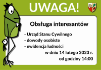 Godziny pracy w dn. 14.02 br. - USC, dowody osobiste, ewidencja ludności