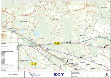 Mapa poglądowa z wariantami przebiegów planowanej linii kolejowej nr 88 na odc. Węzeł CPK – Grójec – Warka przez teren...