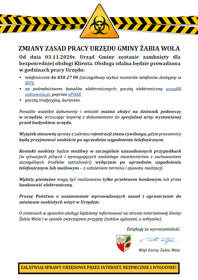 Zmiana zasad pracy Urzędu Gminy Żabia Wola