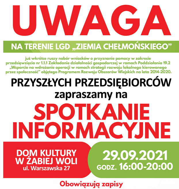 Spotkanie informacyjne dla wnioskodawców LGD – 29.09.2021 Dom Kultury, Żabia Wola