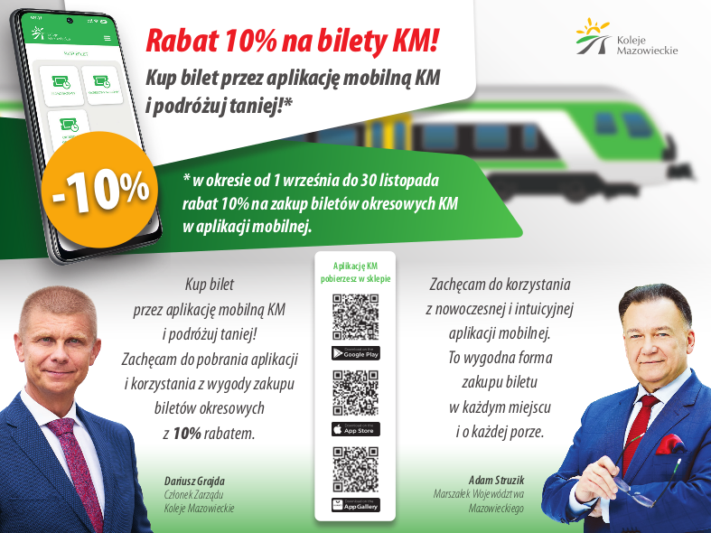 Uwaga 10% rabatu na bilety KM kupione w aplikacji mobilnej Kolei Mazowieckich do 30.11.2023