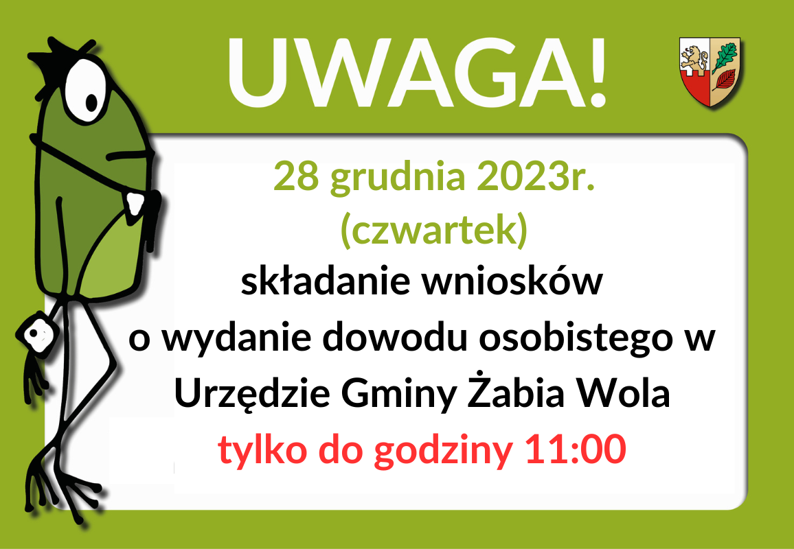 Zmiana godzin składania wniosków o wydanie dowodu osobistego w dn. 28.12.2023 r.