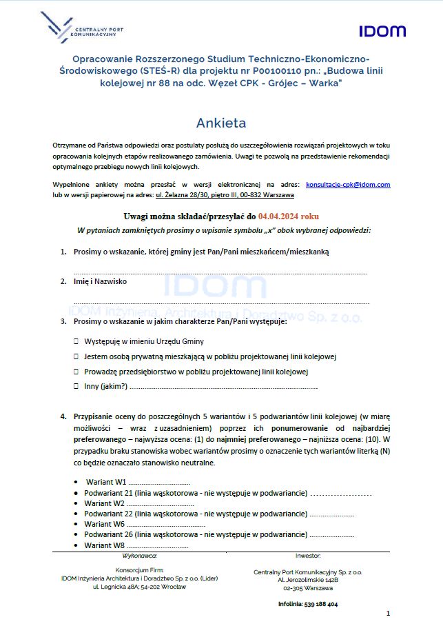 Ankieta po spotkaniu dot. lokalizacji linii kolejowej nr 88 organizowanym przez Spółkę CPK i firmę IDOM