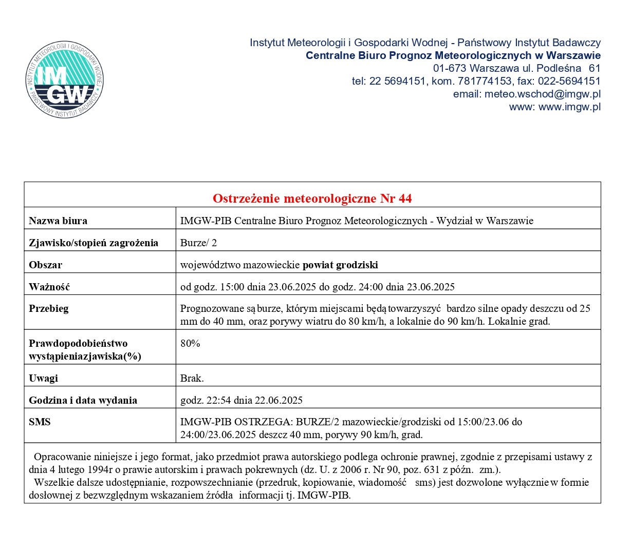 Ostrzeżenie meteorologiczne Nr 44