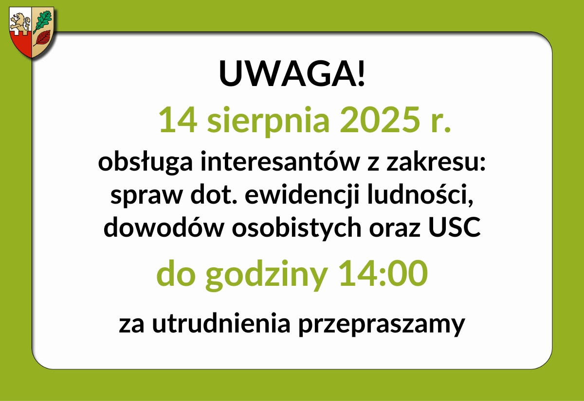 UWAGA! Zmiana godzin pracy USC w dniu 14.08.2025 r.