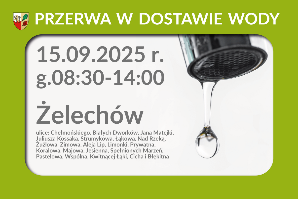 Przerwa w dostawie wody 15.09.2025 r. -  Żelechów