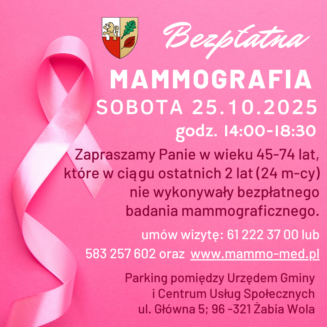 Bezpłatna mammografia - SOBOTA 25.10.2024 r. godz. 14:00 -18:30