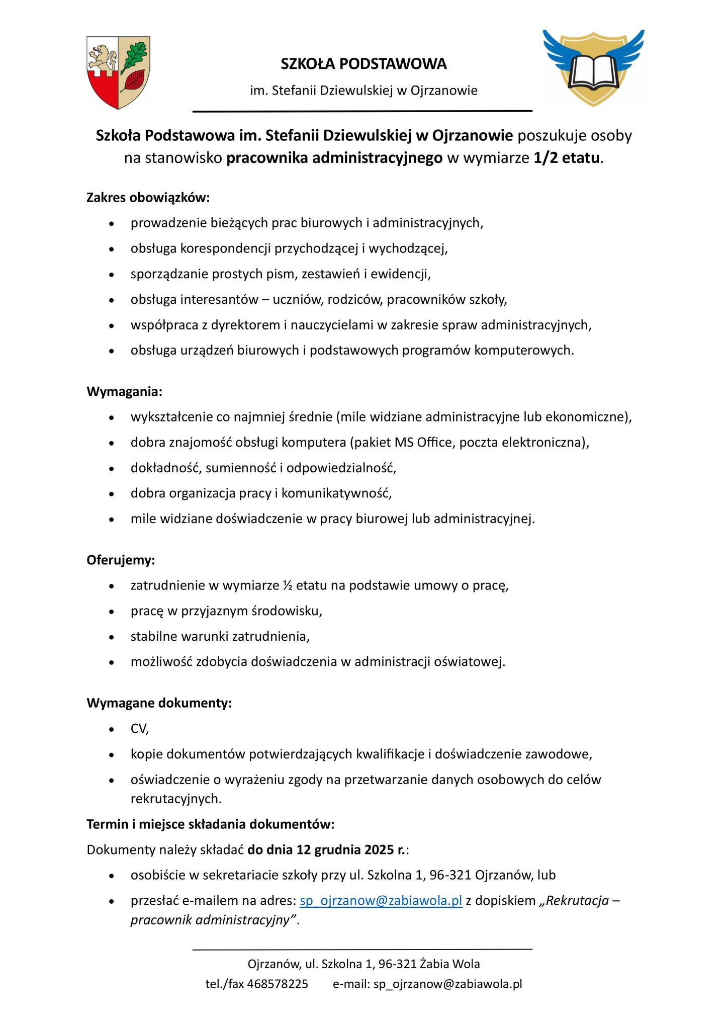 SP w Ojrzanowie poszukuje osoby na stanowisko pracownika administracyjnego