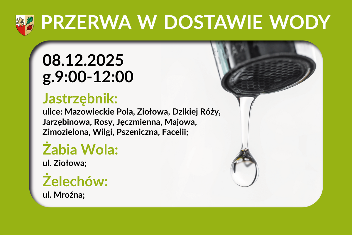 Przerwa w dostawie wody 08.12.2025r. - Jastrzębnik, Żabia Wola, Żelechów