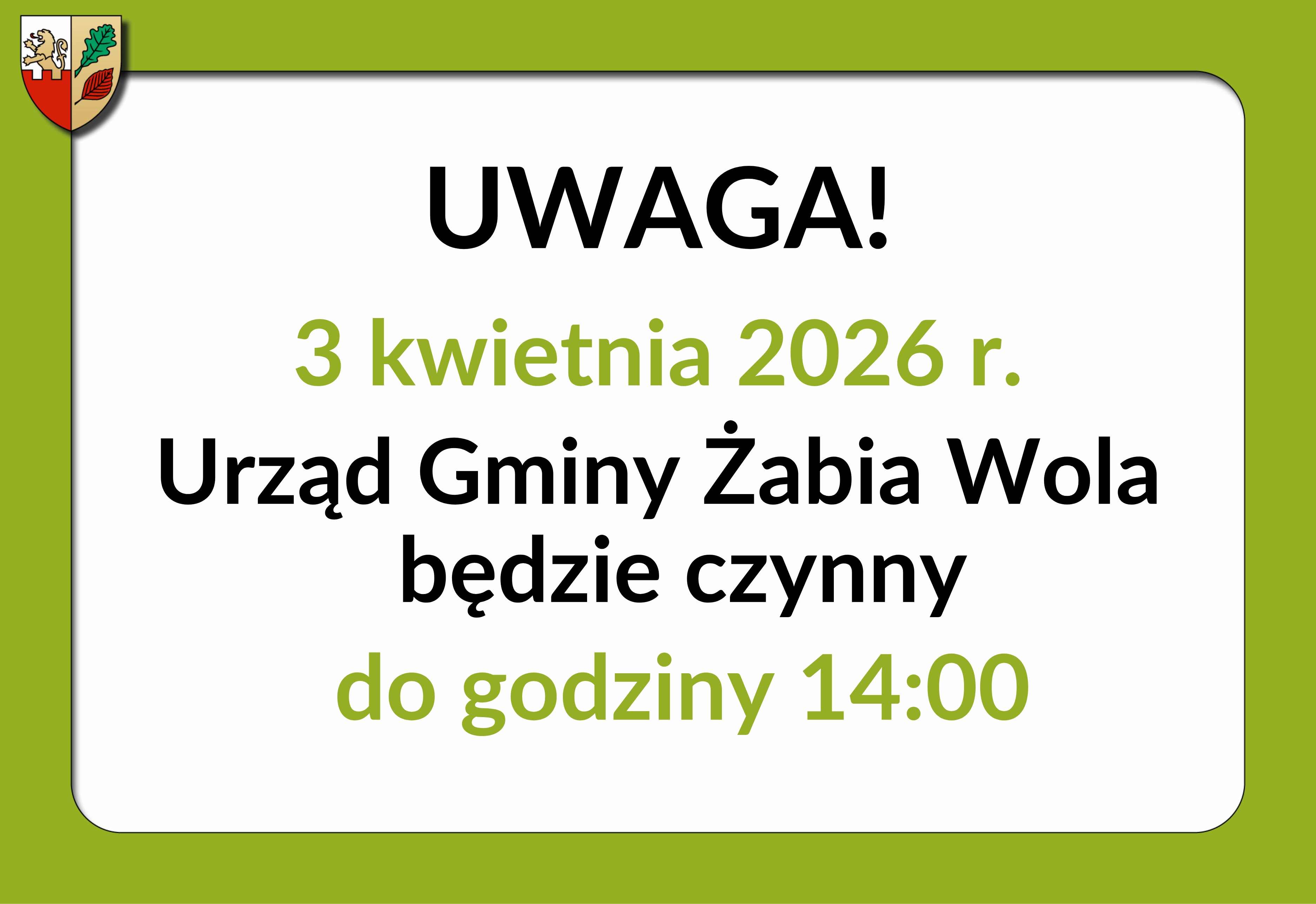 UWAGA! Zmiana godzin pracy Urzędu Gminy w dniu 3 kwietnia 2026 r