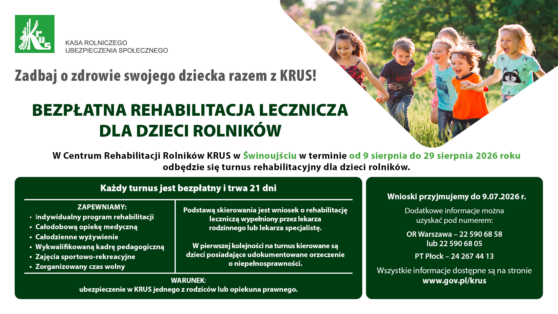 Bezpłatne turnusy rehabilitacyjne KRUS dla dzieci rolników